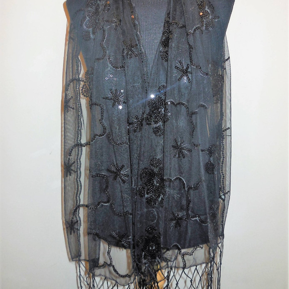 Shawl Sequin Lace Black Sheer Long Fringe NEW special occasion holiday scarf - Picture 4 of 6